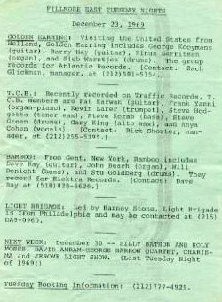 Program Fillmore East show December 23 1969 with The Golden Earring